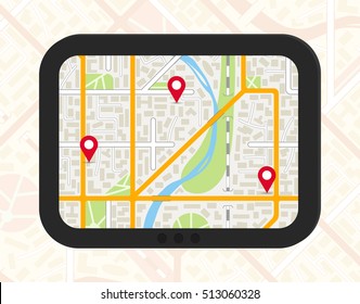 GPS navigator with generic city map and pinpoints. EPS10 vector illustration in flat style.