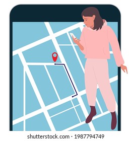 GPS Navigator. Girl Looks At Mobile Phone Maps. Finding Right Place In Map. Female Character Using Mobile Phone. Location Tracking App On Smartphone. Mobile Gps Navigation Flat Vector Illuctration.