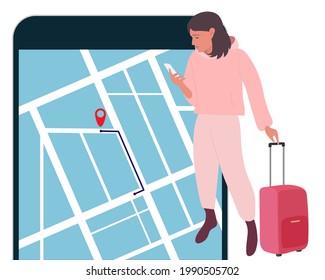GPS navigator. Girl with red suitcase looks at Mobile phone maps. Finding right place in map. Using Mobile Phone. Location Tracking App on Smartphone. Mobile gps navigation Flat vector illuctration.
