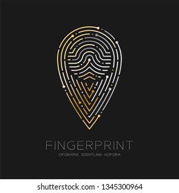 GPS navigator icon shape Fingerprint scan pattern logo dash line, digital map pointer concept, illustration silver and gold isolated on black background with Fingerprint text