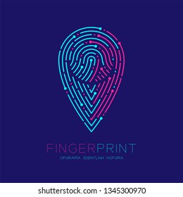 GPS navigator icon shape Fingerprint scan pattern logo dash line, digital map pointer concept, Editable stroke illustration pink and blue isolated on dark blue background with Fingerprint text