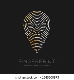 GPS navigator icon shape Fingerprint scan pattern logo dash line, digital map pointer concept, illustration silver and gold isolated on black background with Fingerprint text