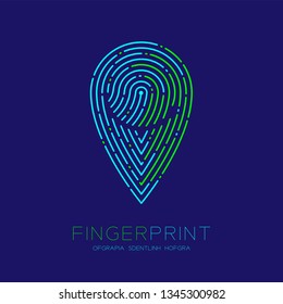GPS navigator icon shape Fingerprint scan pattern logo dash line, digital map pointer concept, Editable stroke illustration green and blue isolated on dark blue background with Fingerprint text