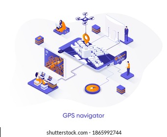 GPS navigator isometric web banner. Geolocation and navigation system isometry concept. Route planning, orientation and direction solution 3d scene design. Vector illustration with people characters.