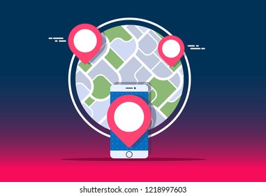 GPS navigator mock up with map on gradient background. City map with marker pin. Abstract district city map design. Vector illustration.
