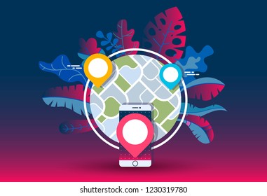 GPS navigator mock up with map on gradient background. City map with marker pin. Abstract district city map design. Vector illustration.