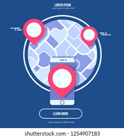 GPS navigator mock up with map on gradient background. City map with marker pin. Abstract district city map design. Vector illustration.