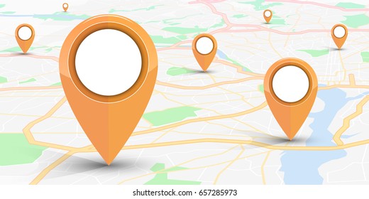GPS Navigator Pin Mock Up Orange Color  On Street Map Of City.vector Illustration