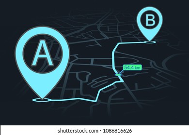 GPS navigator point A to point B with distance pointer in blue color.vector illustration