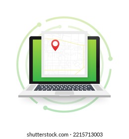 GPS navigator pointer on city map, from place to place. Vector illustration.