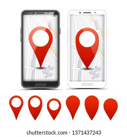 GPS Navigator Red Pointers, Vector Markers Set. City Map Pointer, Pinpoint On Smartphone Screen. Location, Destination. Route, Path Finding. Delivery, Shipping Services Realistic Illustration