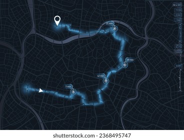 GPS navigator screen. Geometric element, online navigation. Location tracks dashboard. Path turns and destination tag or mark. Huge city top view. vector, illustration. Abstract background