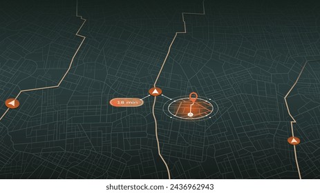 GPS navigator screen with signs of streets. Highlighted routes on city map. POI and travel time. Vector illustration of a city map with a high view design on black background
