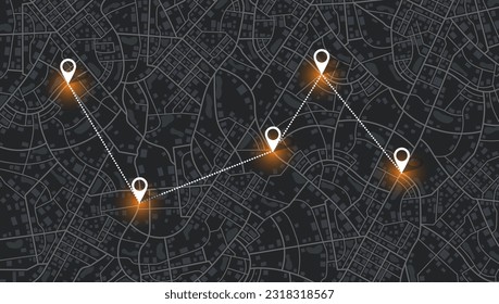 GPS navigator screen with street roads and location, destination points City top view. Online navigation. Flat style, Vector, illustration isolated. Urban highway plan, final destination