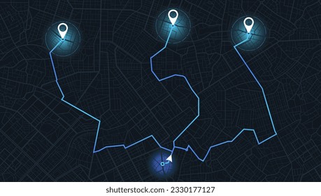 Pantalla del navegador GPS con calles y ubicación, puntos de destino Vista superior de la ciudad, para aplicación y animación. Vector, ilustración aislada. Plan de autopistas urbanas, destino final