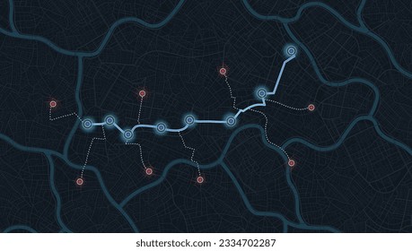 Pantalla del navegador GPS con calles y ubicación, puntos de destino Vista superior de la ciudad. Navegación en línea. Estilo plano, vector, ilustración aislada. Plan de autopistas urbanas, destino final