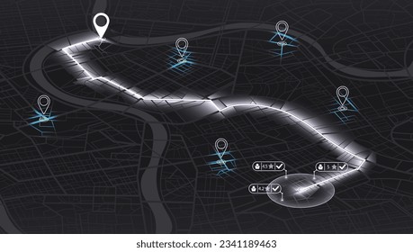 GPS navigator screen with street roads, location, destination points. City top view. Online. Vector, illustration isolated. Urban highway plan, destination. Abstract transportation background.