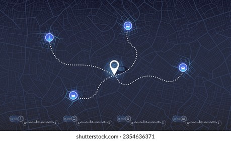 Pantalla del navegador GPS con calles y ubicación, puntos de destino Vista superior de la ciudad, para aplicación y animación. Vector, ilustración aislada. Plan de autopistas urbanas, destino final