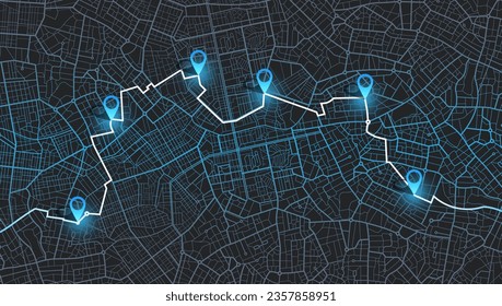 GPS navigator screen with street roads and location, few destination points. City top view. Online navigation. Flat style, Vector, illustration isolated. Urban highway plan, final destination