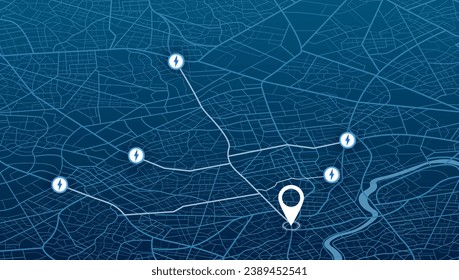 GPS navigator screen with street roads and location, destination points City top view, for application and animation. Vector, illustration isolated. Urban highway path turns, destination tag or mark