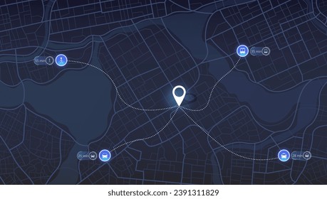 GPS navigator screen with street roads and location, destination points City top view, for application and animation. Vector, illustration isolated. Urban highway plan, final destination