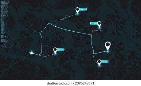 GPS navigator screen with street roads and location, few destination points. City top view. Online navigation. Flat style, Vector, illustration isolated. Urban highway plan, final destination