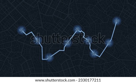 GPS navigator screen with street roads and location, destination points City top view. Online navigation. Flat style, Vector, illustration isolated. Urban highway plan, final destination