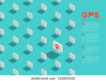 GPS navigator sign in speech bubble message 3d isometric pattern, Location map pointer concept poster and social banner post horizontal design illustration isolated on green background, vector
