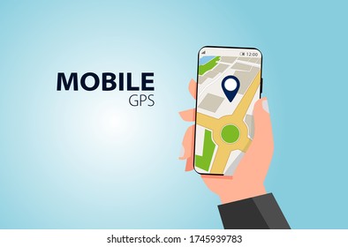 GPS on Mobile, GPS Tracking on Mobile, Navigation on mobile phone, Mobile phone in hand, Social media marketing concept.