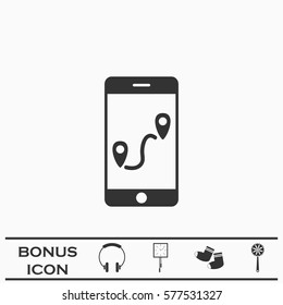 GPS phone icon flat. Black pictogram on white background. Vector illustration symbol and bonus button