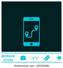 GPS phone icon flat. Blue pictogram on dark background. Vector illustration symbol and bonus icons