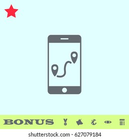 GPS phone icon flat. Grey pictogram on blue background. Vector illustration symbol and bonus buttons medal, cow, earth, eye, calculator