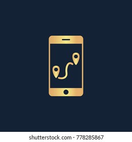 GPS phone icon flat. Simple gold pictogram on dark background. Vector illustration symbol