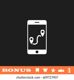 GPS phone icon flat. White pictogram on black background. Vector illustration symbol and bonus button tooth, vase, star, mirror, bottle