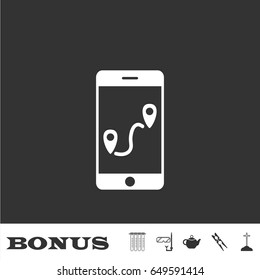 GPS phone icon flat. White pictogram on black background. Vector illustration symbol and bonus icons