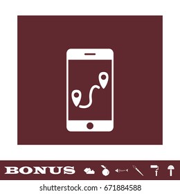 GPS phone icon flat. White pictogram on brown background. Vector illustration symbol and bonus icons
