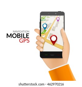 GPS phone navigation - mobile gps and tracking concept. Hand holding a mobile phone with city map.