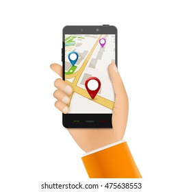 GPS phone navigation - mobile gps and tracking concept. Hand holding a mobile phone with city map.