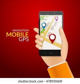 GPS phone navigation - mobile gps and tracking concept. Hand holding a mobile phone with city map.