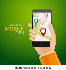 GPS phone navigation - mobile gps and tracking concept. Hand holding a mobile phone with city map