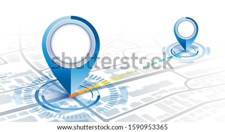 Gps pin 2 point  mockup with hud element digital concept in gradient cool color.vector illustration