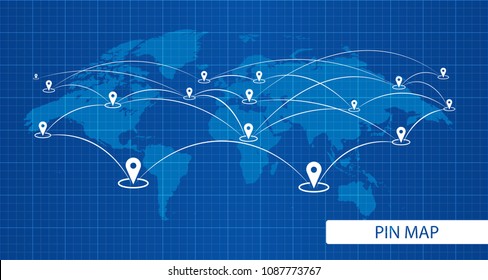 GPS pin icon with lines connecting white color on blue background. abstract technology background. Vector illustration