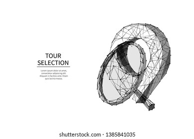 GPS pin baixo poli preto no branco. Pino de zoom e lupa. Ilustração de viagem de vetor de wireframe de baixo-poli. Mapas poligonais e serviços de navegação.