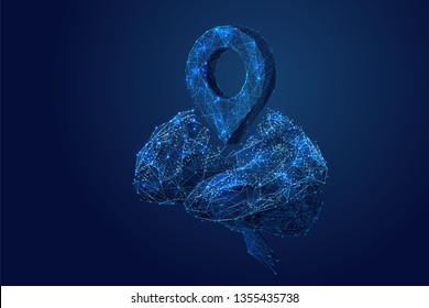 GPS pin low poly blue. Zoom Pin and human brain. Abstract Low-poly wireframe vector traveling illustration. Starry sky and cosmos style in blue color. Maps and navigator services. Tour organization.