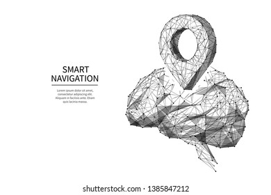 Pistola baja del GPS. Zoom Pin y cerebro humano. Descripción de la ilustración de recorrido del vector de estructura alambrada de baja polilla. Líneas y puntos negros sobre fondo blanco. Mapas y servicios de navegación. Organización turística