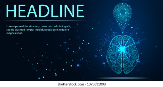 Pistola baja del GPS. Zoom Pin y cerebro humano. Descripción de la ilustración de recorrido del vector de estructura alambrada de baja polilla. Mapas y servicios de navegación. Titular