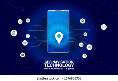 GPS pin marker location in mobile phone with circuit line graphic. concept of location and facility place , GPS technology