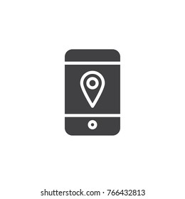 GPS pin on mobile phone screen icon vector, filled flat sign, solid pictogram isolated on white. Smartphone with location pin symbol, logo illustration.