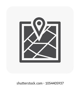 Gps pin on paper map. Vector design of icon, sign or symbol. Include road, street and city. May called pointer, guide for position of place. Concept for geography, cartography, travel, trip, journey.
