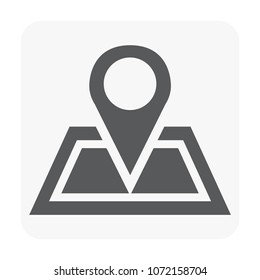 Gps pin on paper map. Vector design of icon, sign or symbol. Include road, street and city. May called pointer, guide for position of place. Concept for geography, cartography, travel, trip, journey.